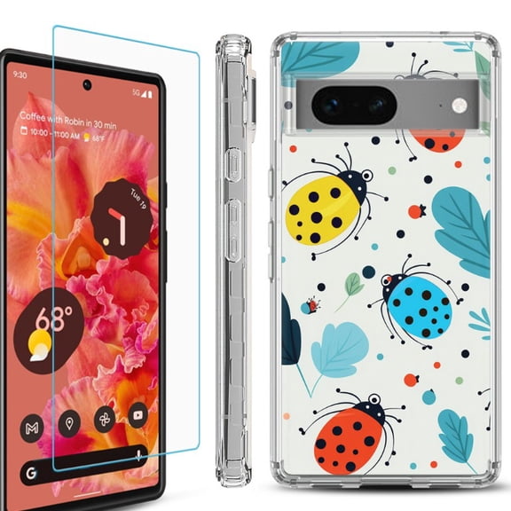 OneToughShield ® Compatible with Google Pixel 8, Shockproof Phone Case, with Tempered Glass Screen Protector - Ladybug Mix
