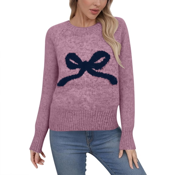 Arlun Cute Bow Knit Pullover Sweaters for Women Loose Fit Soft Cozy Sweater 2026 Fall Winter Crewneck Long Sleeve Lightweight Tops Fashion Outfits Daily Wear Purple One Size