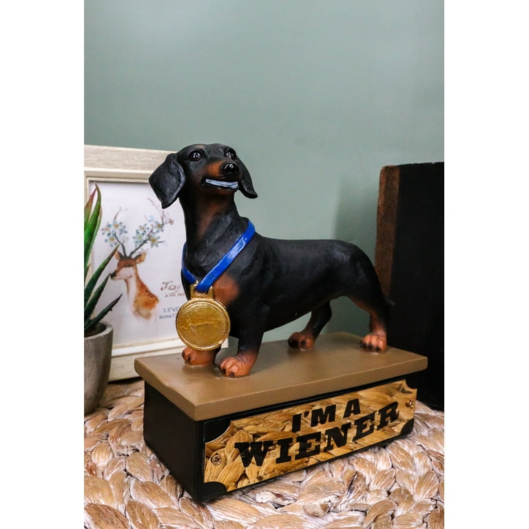 Award Trophy Dachshund Puppy Dog With Gold Medal Standing On Stage