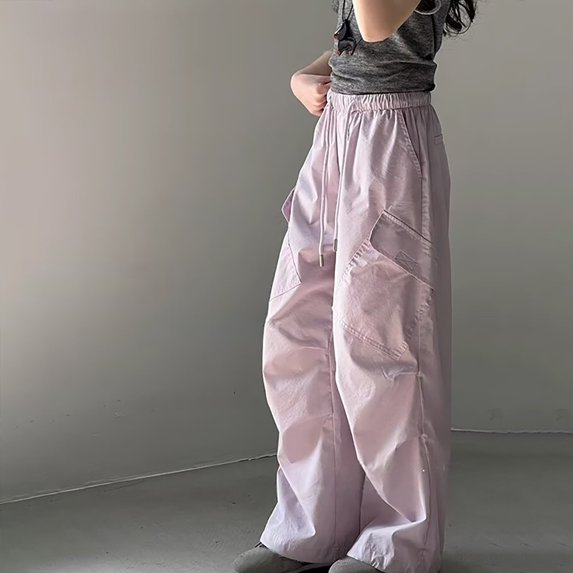 TIREOW Girls Cargo Pants Elastic Waist Wide Leg Drawstring Cargo Sweatpants Baggy Casual Cargo Jogger Trousers with Multi-Pockets