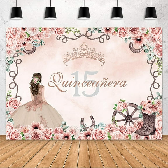 Western Cowgirl Quinceanera 15th Birthday Backdrop Mexican Fiesta Bday Backdrop Floral Crown Boots Watercolor Photography Background Horseshoe Decor 15th Birthday Party Photo Banner