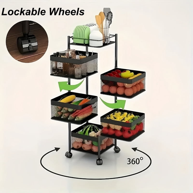 Howcool 5-Layer Metal Rolling Cart with Wheels, Kitchen Vegetable Storage Rack with Rotating Mesh Baskets