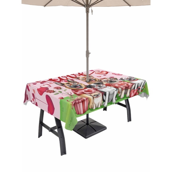 Outdoor Tablecloth with Umbrella Hole and Zipper, Valentine's Day Rectangle Table Cloth 60x102 Inch Waterproof Tablecloth, Watercolor Funny Dogs Love Roses Spring Pink Picnic Table Cover for Patio