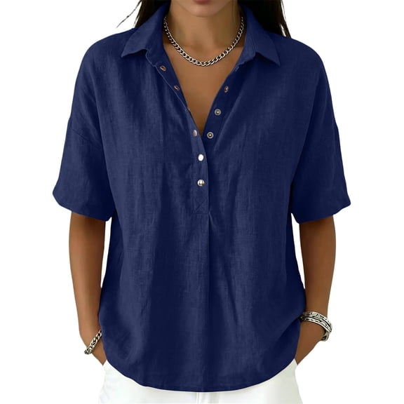 Cotton Linen Tops for Women Short Sleeve Collared Blouses Shirt Loose Fit 1/2 Button Summer Vacation Travel Daily Wear, M