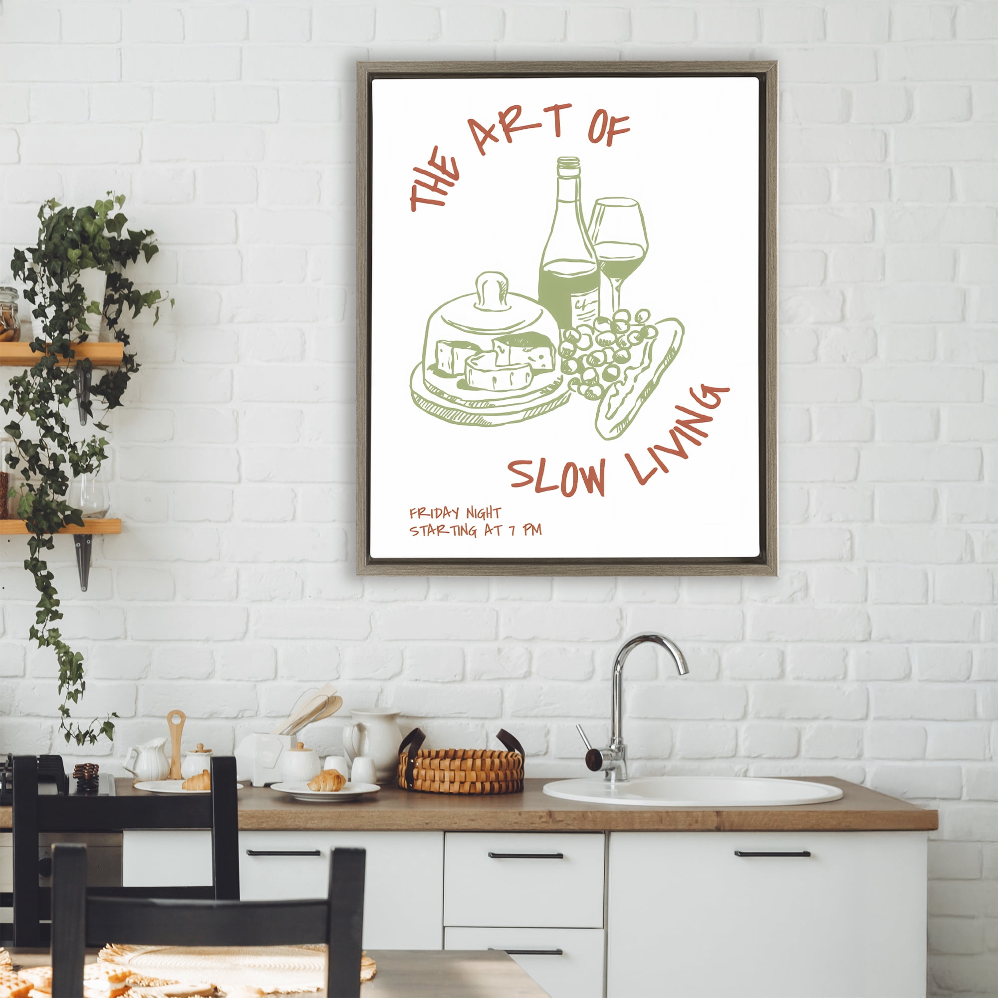 Stupell Industries Slow Living Wine & Cheese Brown Framed Floater Canvas Wall Art, design by The Prints Vibe