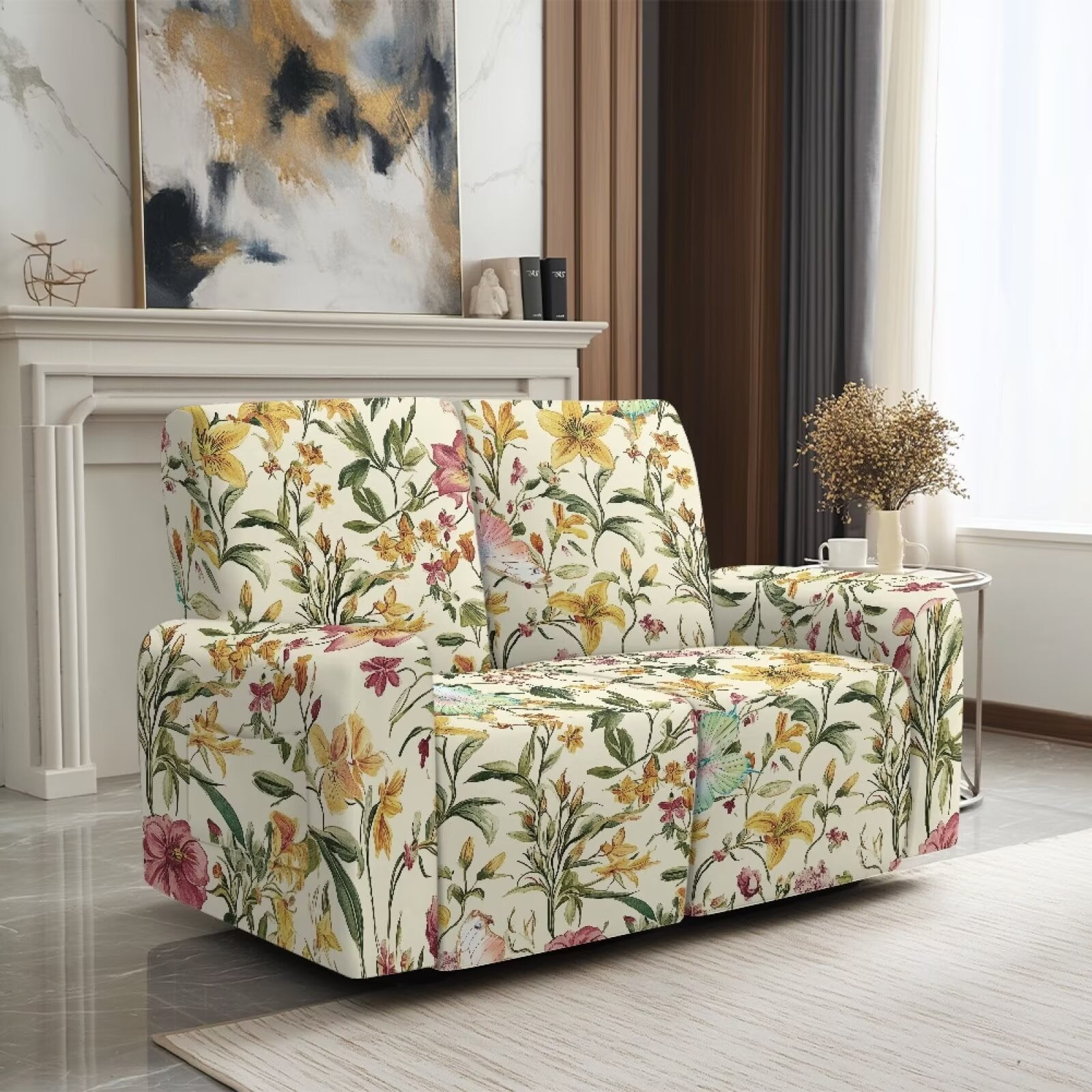 Yuyamidu Floral Print Loveseat Recliner Covers 2 Seater Stretch Recliner Loveseat Slipcover with Pockets Easy to Install Reclining Couch Covers Gift for Friends