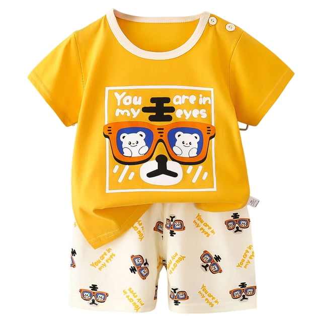 Nwiuh Ensemble Décontracté T-shirt à Col Rond à Manches Courtes et Short Tenue de Plage d'Été (Jaune, 3-4 Ans)
