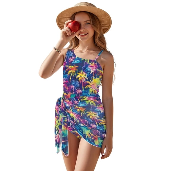 Uourmeti Colorful Coconut Tree Print Swimsuit Cover Up Set for Girls Kids One Piece Bathing Suit Skirts Quick Dry Swimwear Cut Out Swimming Suits Beachwear Summer Clothes Removable Padding