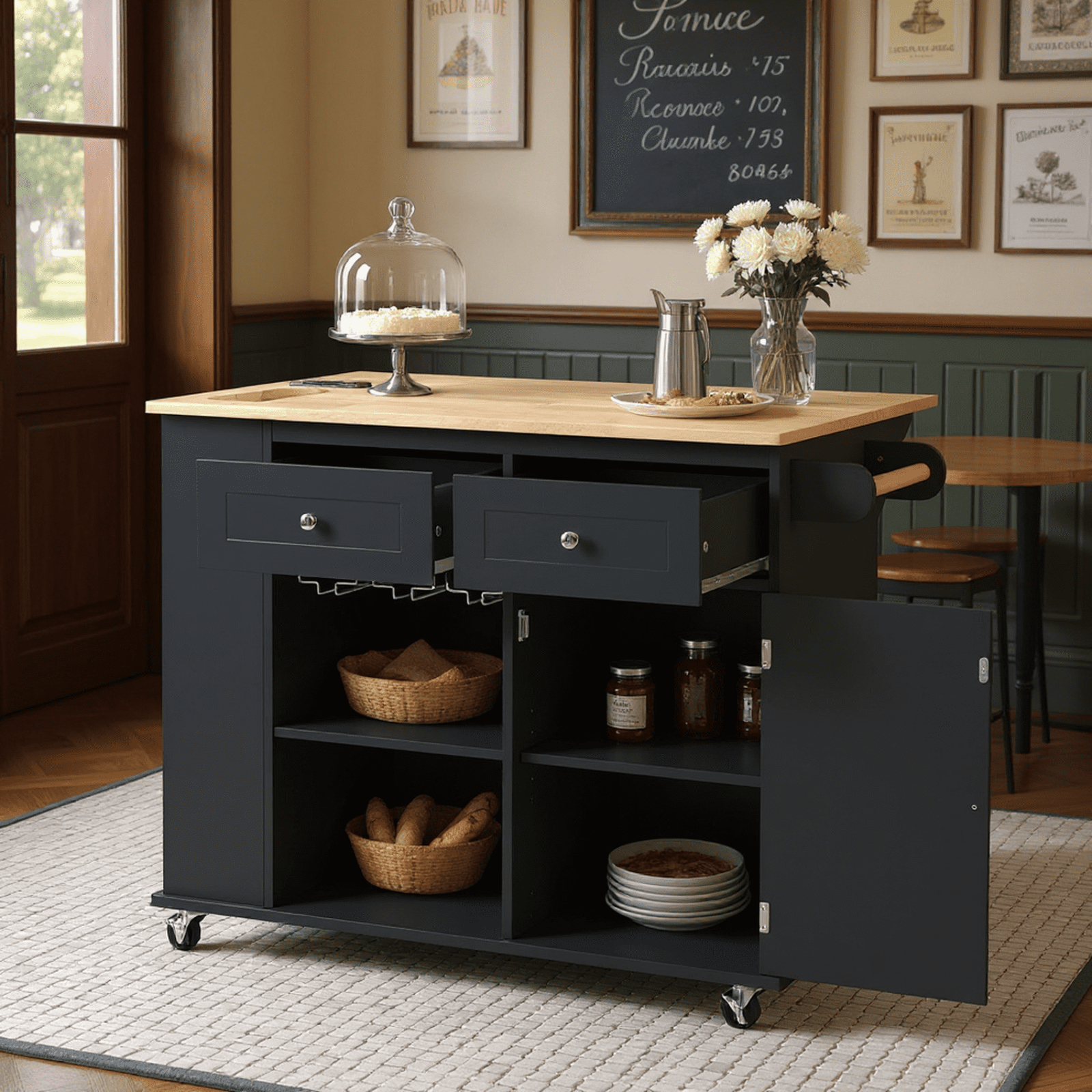 Homy Casa Kitchen Serving Cart with Power Outlet, Wine Rack & Storage Shelves, Rolling Serving Cart