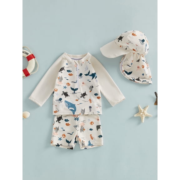 Baby Toddler Boy Swimsuit Rashguard Set Cute Marine Life Printed Long Sleeve Tops with Shorts, Hat 3 Pcs Swimwear