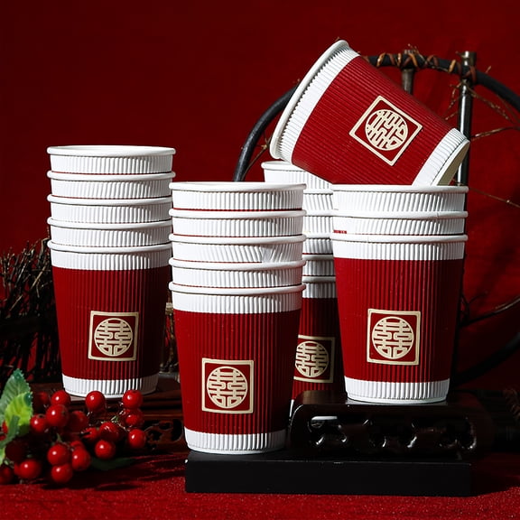 HONMEET 20pcs Red Paper Cups for Chinese Wedding, Beverage Disposable Party Cups, and Leak Proof