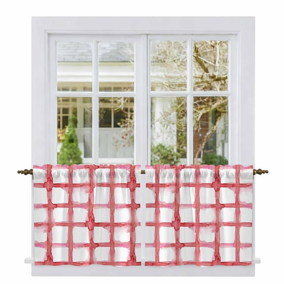 Red Buffalo Plaid Tier Curtains 24 Inch Length, Farmhouse Check Stripes Retro Geometric Cafe Short Curtains for Bathroom Over Sink, Small Kitchen Curtain Light Filtering Drapes 2 Panels 27.5"Wx24"L