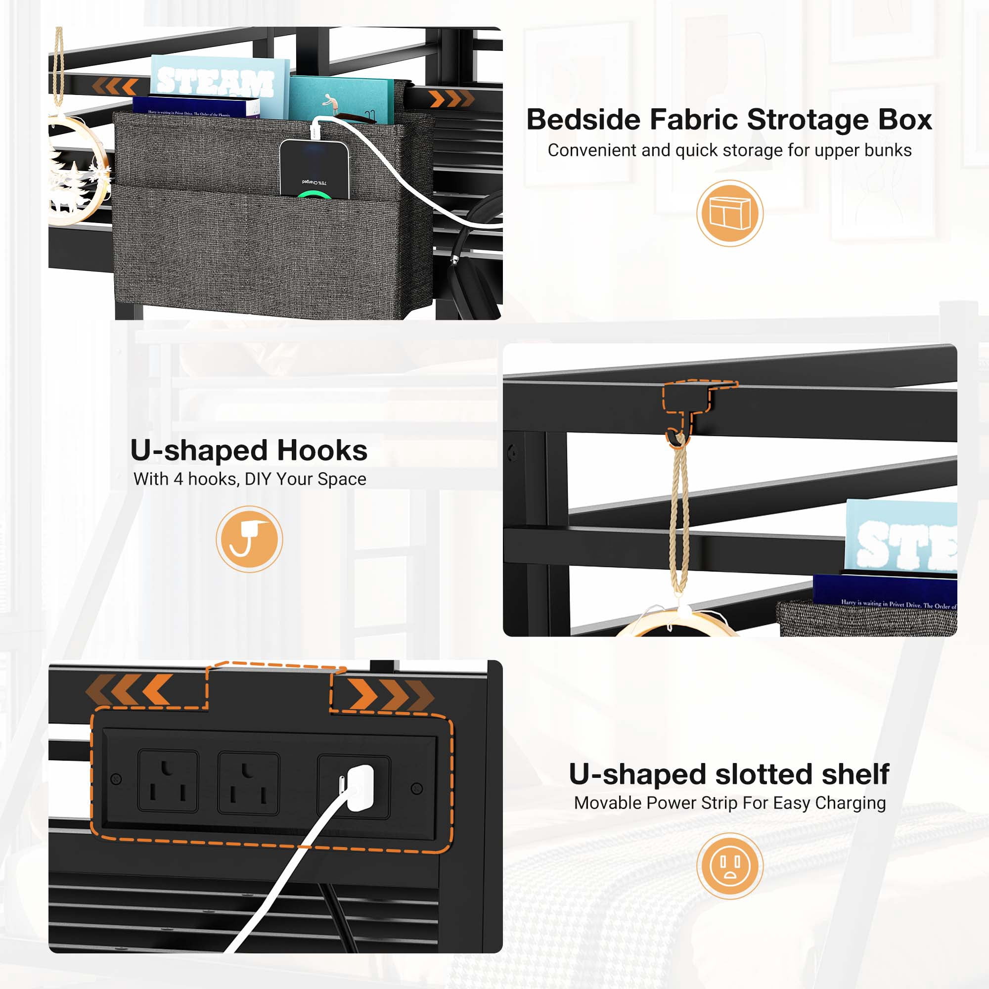 Twin XL Over Queen Metal Bunk Bed Frame with Charging Station, Storage Bag for Adult Bunk Bed, Black