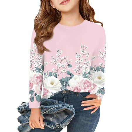 Abcomgle Girls Long Sleeve T Shirts Size 7-8 Casual Vintage Floral Print Crewneck Tshirts for Girls Winter Basic Girls Tops Cotton Blouses for Girls 8-9 Years Pink