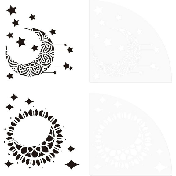 2Pcs Sun and Moon Stencil Reusable Art Templates Acrylic Stencil Reusable Mandala Sun Stencils DIY Art Painting Stencils for Painting on Wood Fabric Floor Wall Crafts DIY