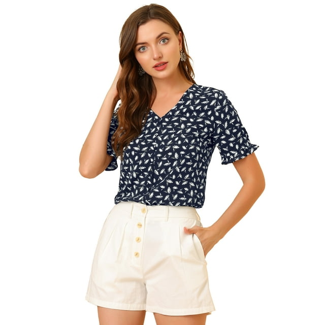 INSPIRE CHIC Women's Button Shirt V Neck Full Placket Short Sleeve Floral Top Navy S