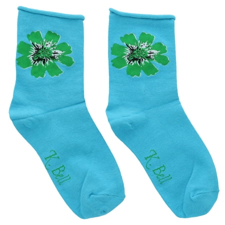 

K.Bell Women s Roll Top Non-Binding Cotton Blend Crew Socks - Aqua Floral