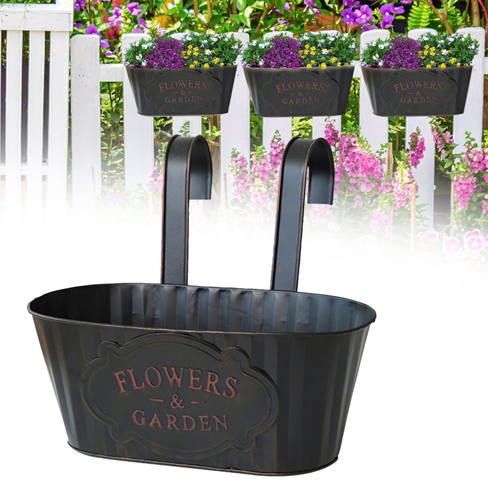 AUDeals Metal Hanging Flower Bucket Planter, Rust-Resistant Outdoor Fence and Balcony Décor with Drainage Holes, Decorative Box for Porch, Patio, and Vertical Gardens