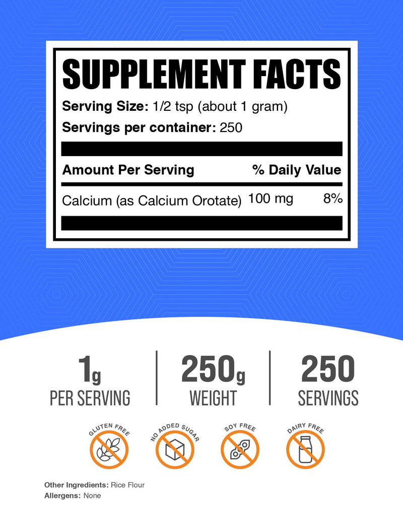 BulkSupplements Calcium Orotate Powder - 1g per Serving - 250 Grams (8.8 oz) - 250 Servings