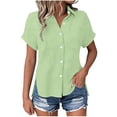thumbnail image 4 of KIHOUT Women's Crinkle Gauze Button-Down Shirt Short Sleeve Rolled Cuff Split Hem Casual Cotton Blouse, 4 of 7