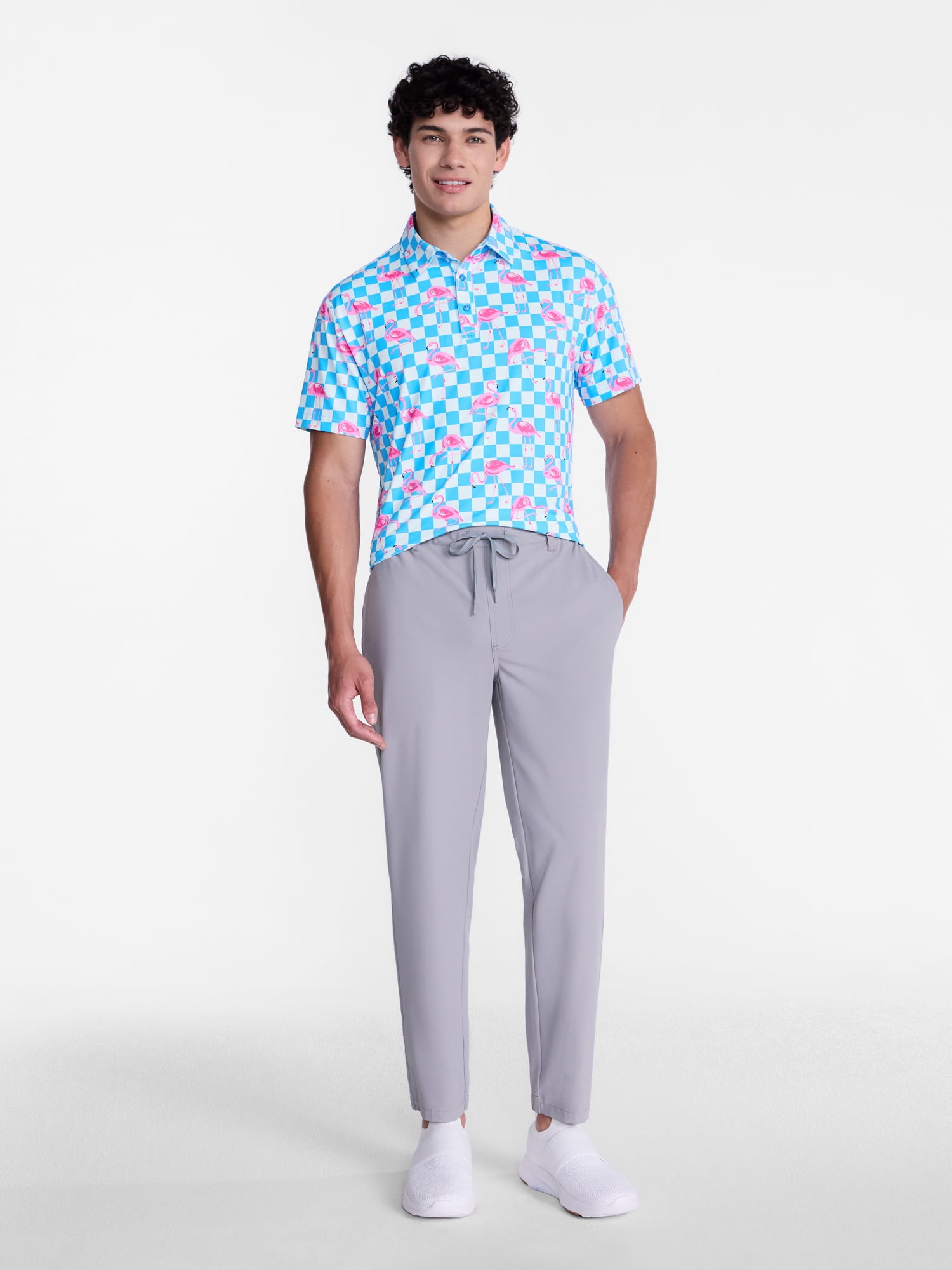 Birdie Bound Men's and Big Men's Printed Checkerboard Flamingo Polo Shirt, Sizes XS-4XLT