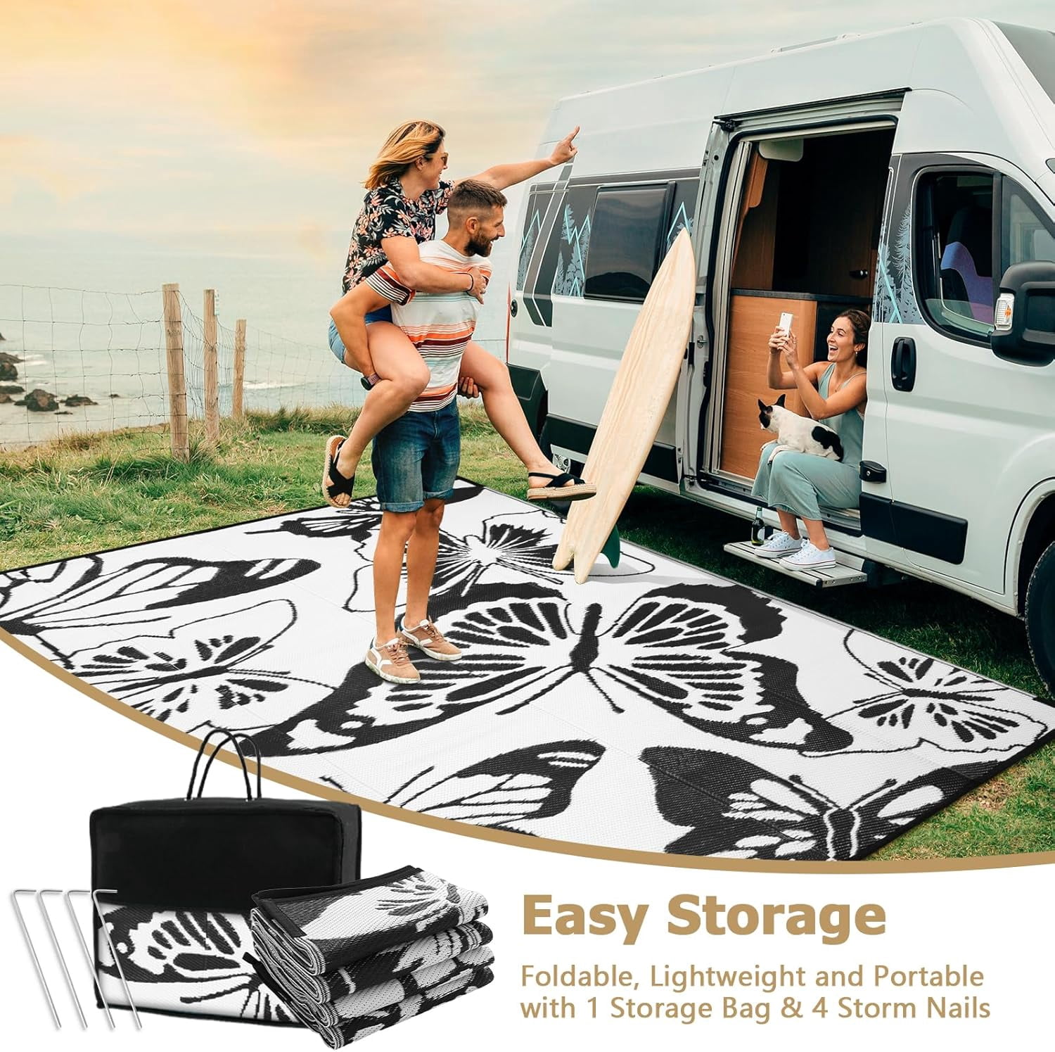 Wonnitar 8x10 Butterfly Outdoor Rug Waterproof, Large Washable Rugs for Outside, Plastic Foldable Black&White Indoor Outdoor Carpet for Patio Balcony