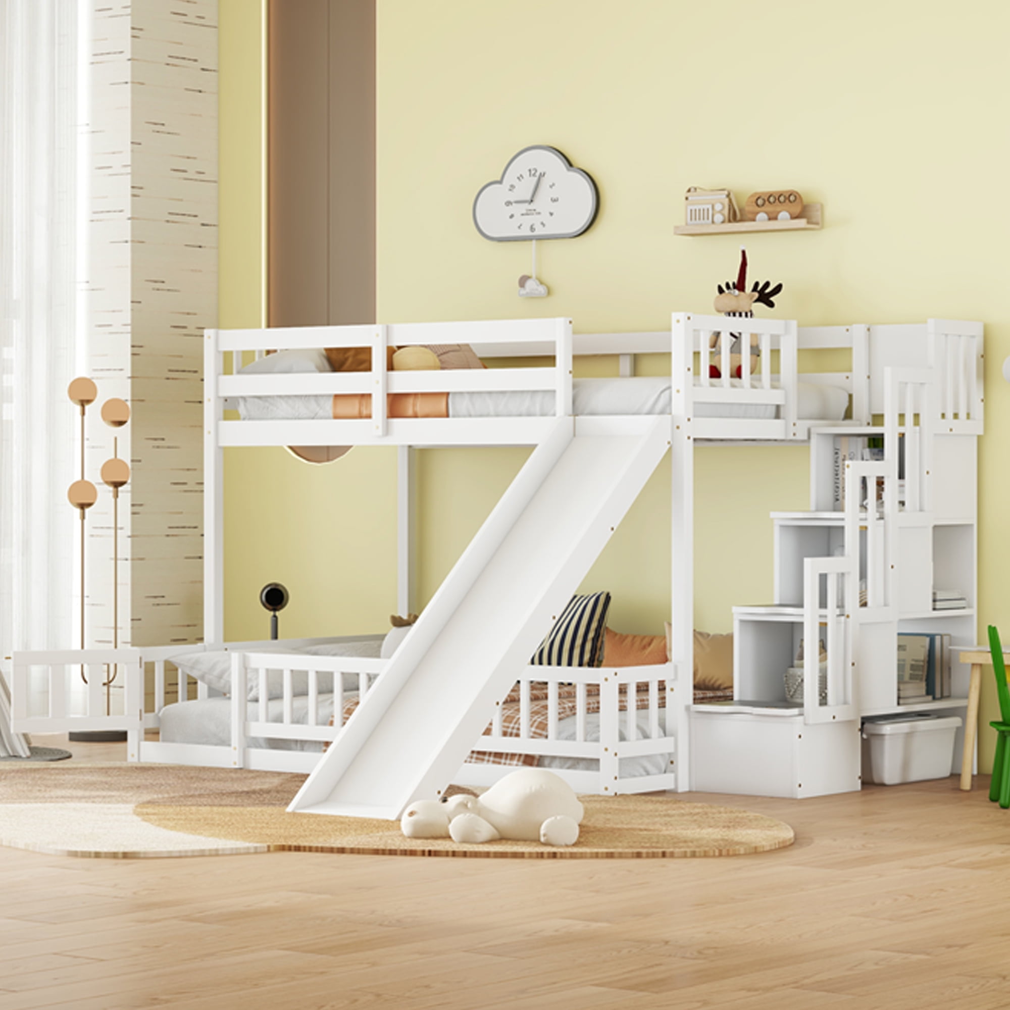 Sailvan Twin Over Full Bunk Bed with Slide, Storage Staircase, Pine Solid Wooden Bunk Bed with Safety Guardrails