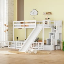 Euroco Twin over Full Bunk Bed with Storage Shelves and Staircase for Kids Teens Room, White