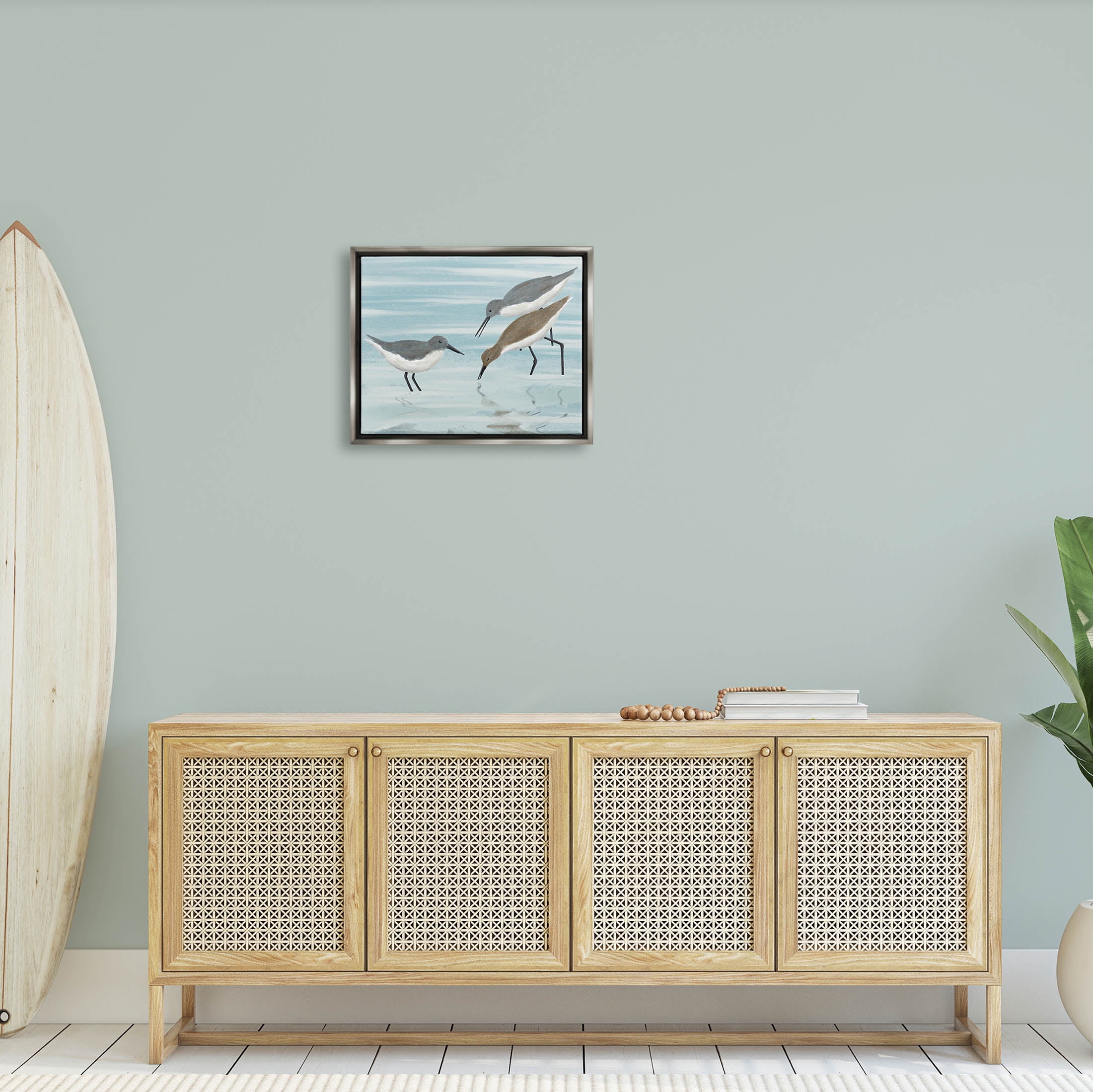 Stupell Industries Sandpipers Grazing Shallow Beach Water Graphic Art Luster Gray Floating Framed Canvas Print Wall Art, Design by Marcus Prime