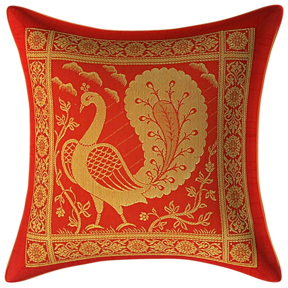 Stylo Culture Ethnic Bohemian Decorative Brocade Red And Gold Sofa Throw Pillow Covers 12x12 Jacquard Weave Banarsi Colorful Pillow Covers Dancing Peacock Floral 30x30 cm Cushion Covers (1 Pc)