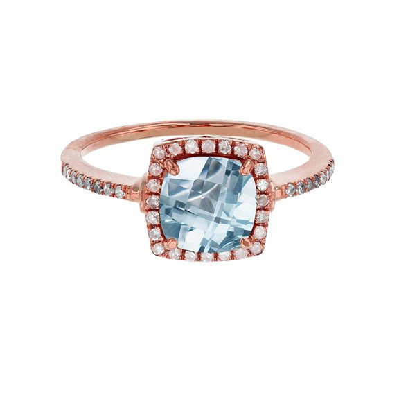 Decadence 10K Rose Gold 7mm Cushion Aquamarine & 0.20 CTTW Diamond Halo Ring