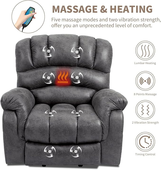 EPICOZY Large Power Lift Recliner Chair with Extended Footrest for Elderly Big Tall Man, Overstuffed Heated Massage Wide Electric Recliners with 2 Remote Controls, Side Packets & USB Ports, Grey