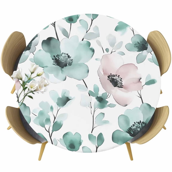 Vintage Teal Round Fitted Table Cover Pink Floral Watercolor Blossom Flowers Abstract Waterproof Table Cloth with Elastic Edge Wipeable Tablecloth for Picnic Camping Party Fits 36"-44" Diameter