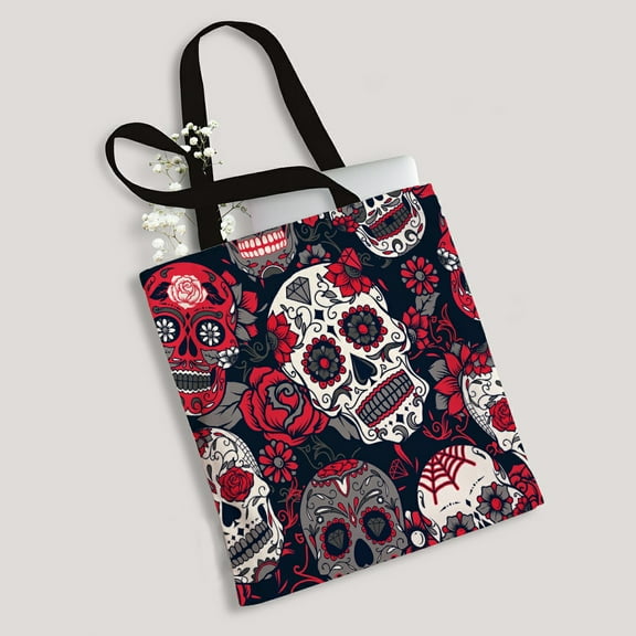 ABPHQTO Day Dead Colorful Sugar Skull Floral Ornament Flower Canvas Bag Reusable Tote Grocery Shopping Bags Tote Bag 14x16 inch