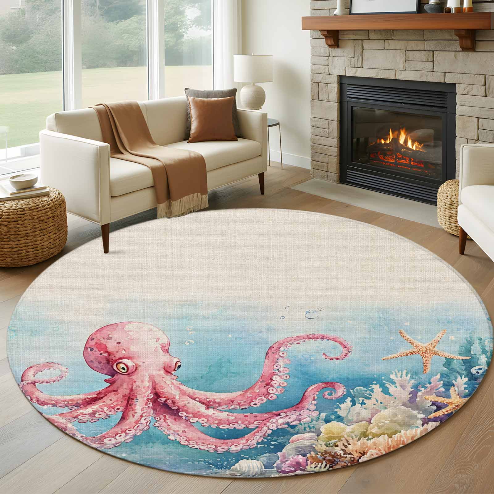 Pink Octopus Round Living Room Rugs 8 ft Nautical Watercolor Ocean Octopus Starfish Coral Linen Washable Large Area Rug with Non-Slip Sturdy Edge Binding Round Carpet for Dining Room Kitchen Office