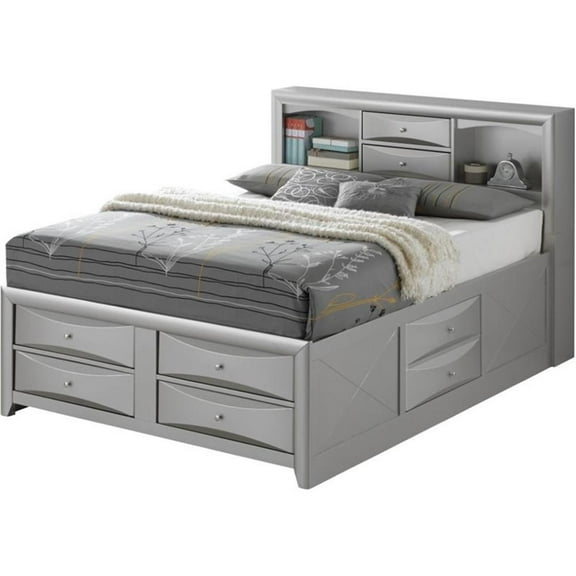 Maklaine Wood Full Bookcase Storage Bed with Open Shelves & Drawers in Gray