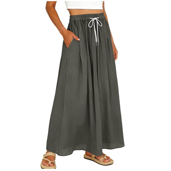 Cmfcve Boho Maxi Skirt for Women Elastic High Waisted Cotton Linen Long Skirts Flowy Casual Ankle-Length Skirts with Pockets