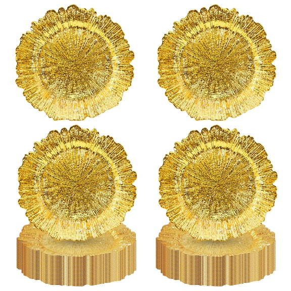 Limorve 50/100‑Pack 13‑Inch Reusable Gold Plastic Charger Plates, Ruffled‑Edge Waterproof PP Dinner Under‑Plate for Wedding Banquet Holiday Party Table Decor 12.99 Inch