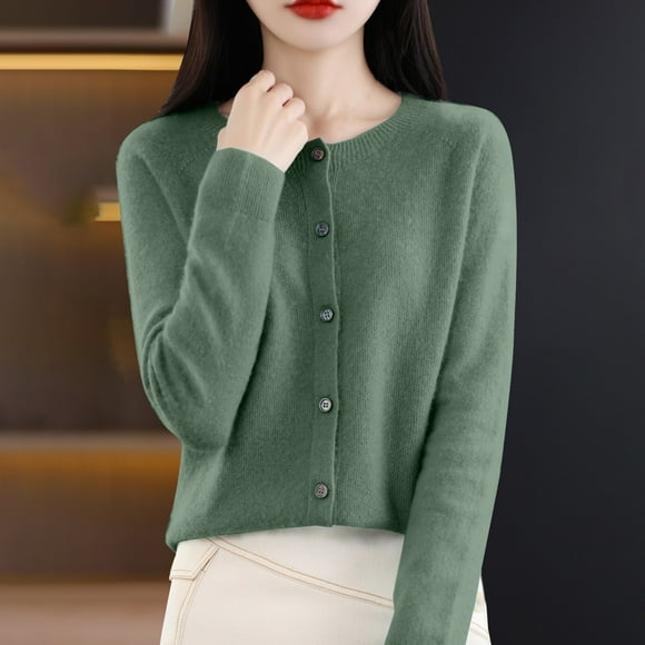 Baberdicy Women's Solid Color Knit Top, Round Neck Open Front Cardigan Sweater , Solid Round-Neck Cardigan, Casual Knit Sweater, Everyday Top Blackish Green M