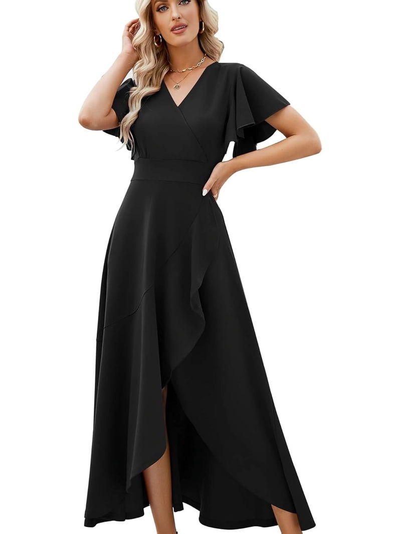 ZANKLEY Women's Elegant V Neck Ruffle Sleeve Maxi Dress Solid Color Flowy Formal Cocktail Party Wedding Guest Work Dresses, Size: Medium