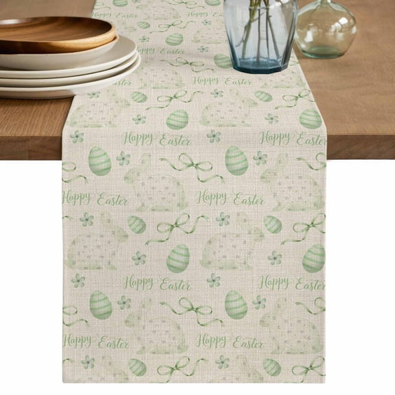 Table Runner 70 Inches Long for Kitchen Dining, Sage Green Easter Dresser Scarf Farmhouse, Dining Table Decorations for Wedding/Parties, Spring Vintage Bunny Eggs on Linen 13 x 70 In