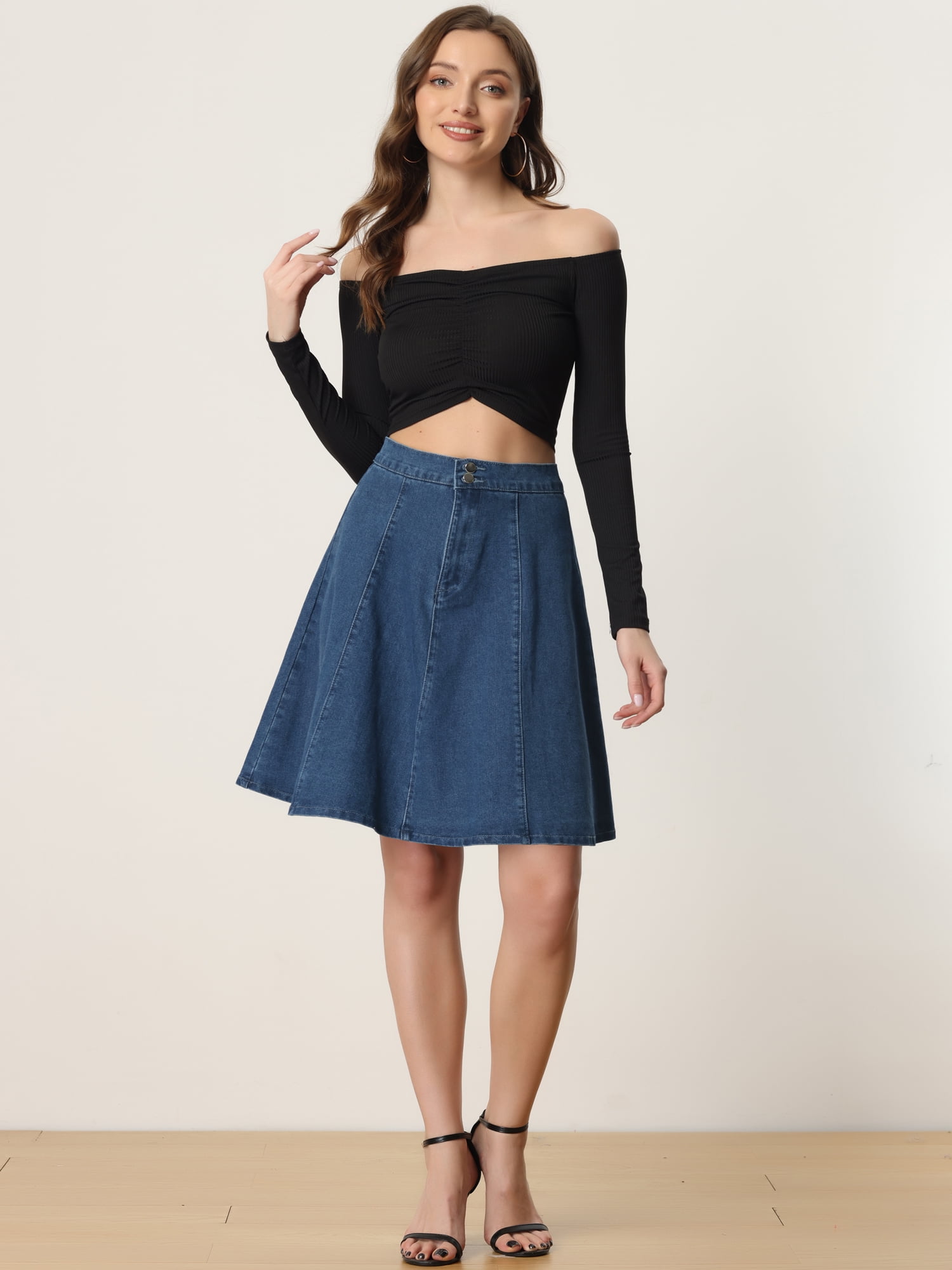 DARING DIVA Women's A-Line Flared Pleated Midi Denim Skirt L Dark Blue