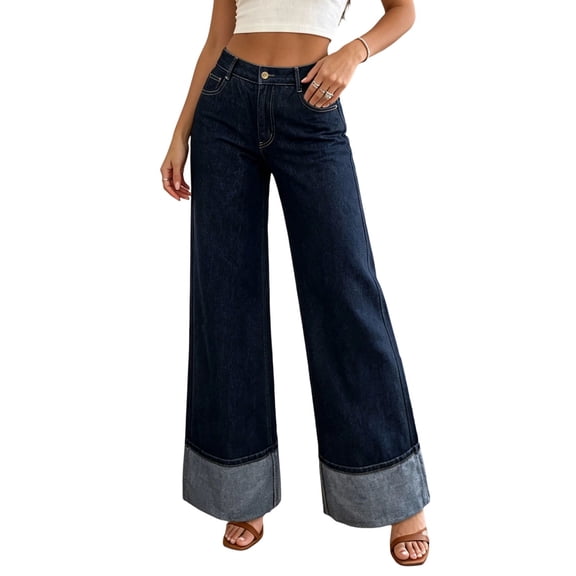 Levmjia Women's High Waisted Wide Leg Jeans Cuffed Hem Denim Pants Casual Loose Fit Baggy Trousers with Pockets Solid Color