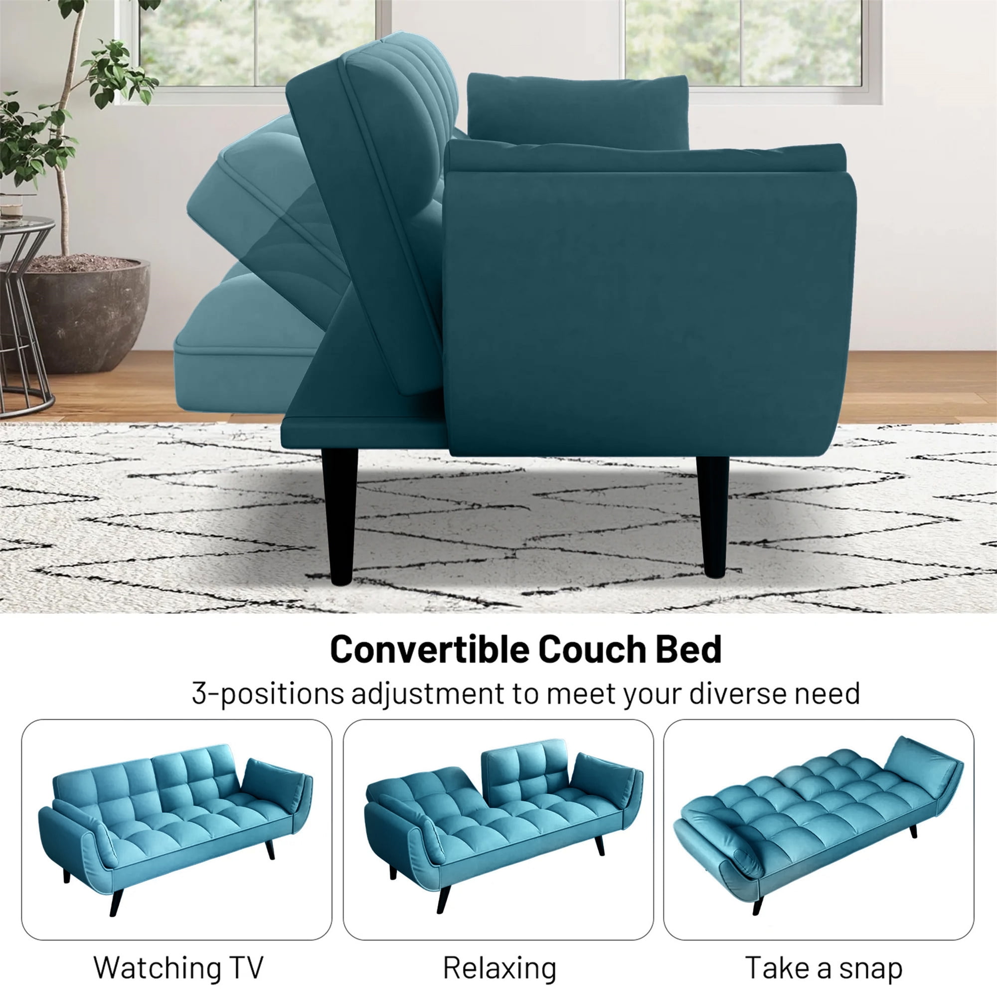 Aukfa 75" Flared Arm Futon Convertible Sofa Bed, Velvet Sleeper Couch for Home Office, Blue