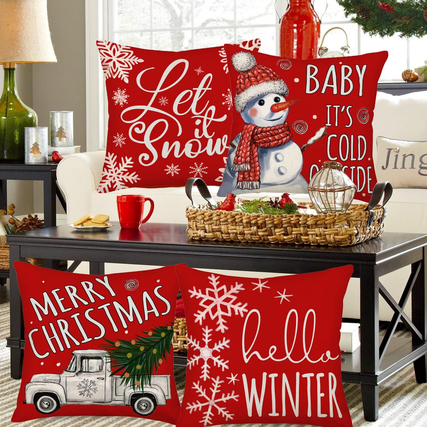 Winter Christmas Pillow Covers 20x20 Inch Silver Truck Snowflake with Red Farm Xmas Tree Snowman Baby It‘s Cold Outside Let it Snow Throw Pillow Cases New Year Decor Set of 4 Cushion Cover