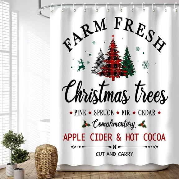 Christmas Shower Curtain, Xmas Shower Curtains, Pine Tree Shower Curtain Set, Waterproof Christmas Bathroom Decor, Merry Shower Curtain, Farm Christmas Tree, 72''''W X 72''''H