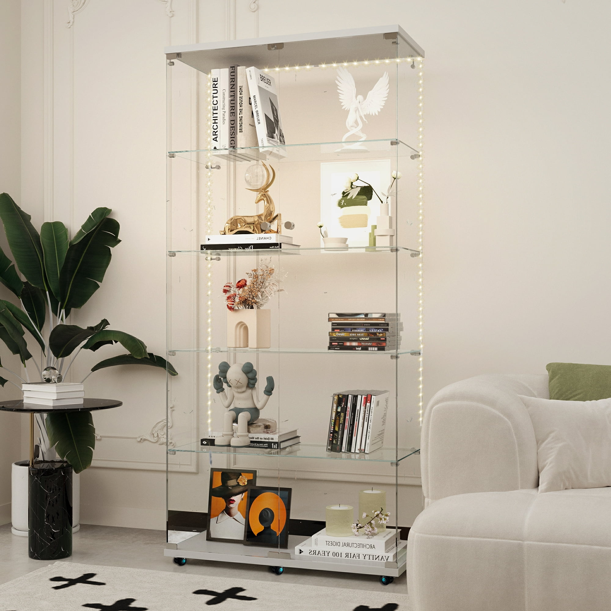 MAYEERTY 5 Tiers Glass Display Cabinet with Bluetooth LED Light Strip, Curio Storage Cabinet with 2 Door, White