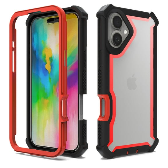 Dteck Case for iPhone 16 Plus,Shockproof Dual-Layer Protection Silicone PC Case Heavy Duty Rugged Crystal Clear Back Cover for iPhone 16 Plus,Black Red