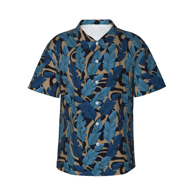 Fotbe Blue Leaves A Camisa Hawaiana para Hombre Unisex – Camisa Casual de Verano con Botones de Manga Corta de Algodón y Lino,Small