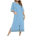 thumbnail image 2 of Lorytime Womens Nightgown with Pockets Long Raglan Sleeve 3/4 Sleeve Nightgowns Crewneck Solid Nightshirts Pajamas Dress Zipper Nightdress Comfy Soft Lounge Sleepdress Blue 2XL, 2 of 5